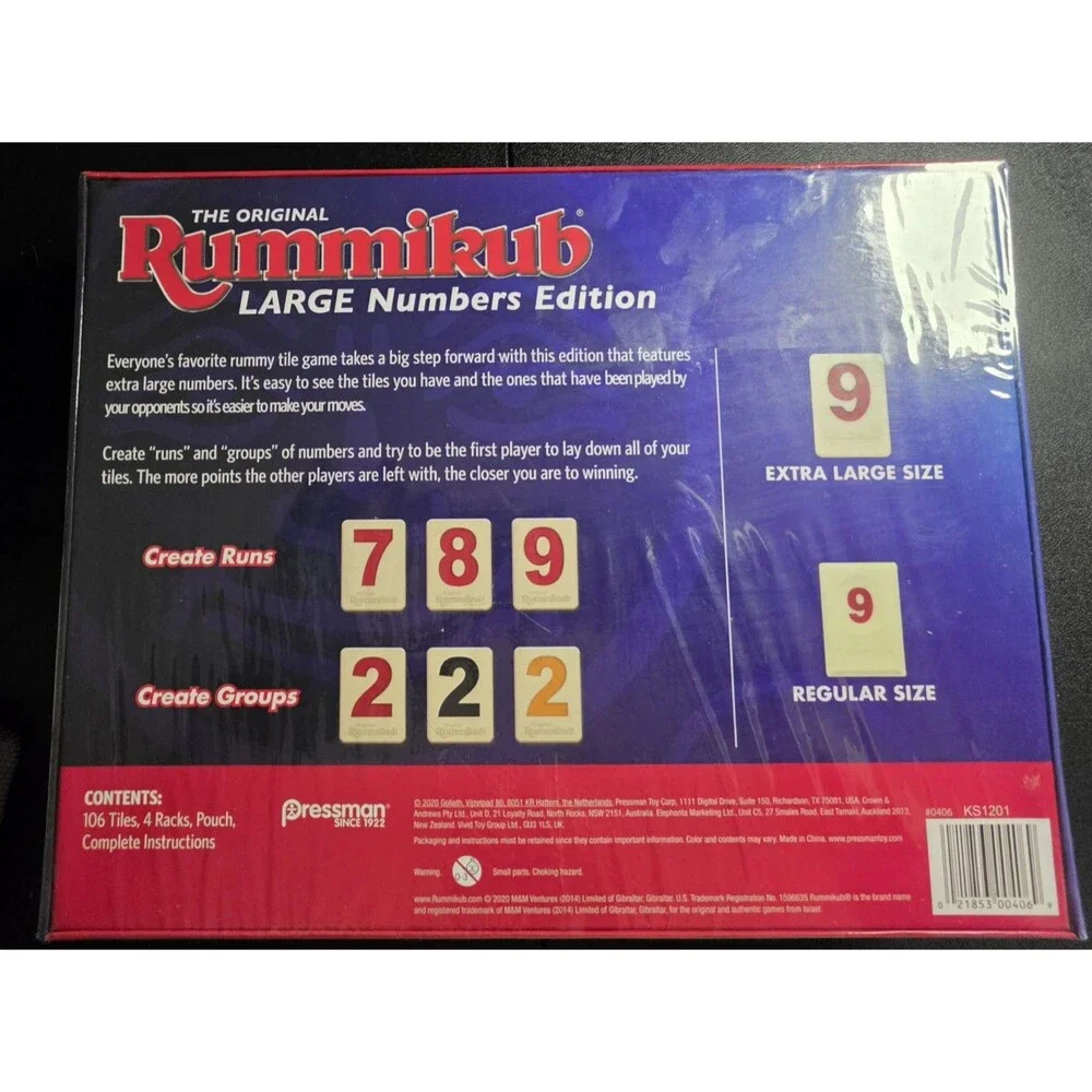 Rummikub LG. Numbers Edition Pressman New Sealed Game Extra Large Tiles 2020